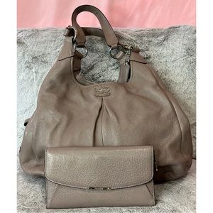 Coach Leather Madison Maggie Hobo Shoulder Bag & Matching Wallet- Taupe